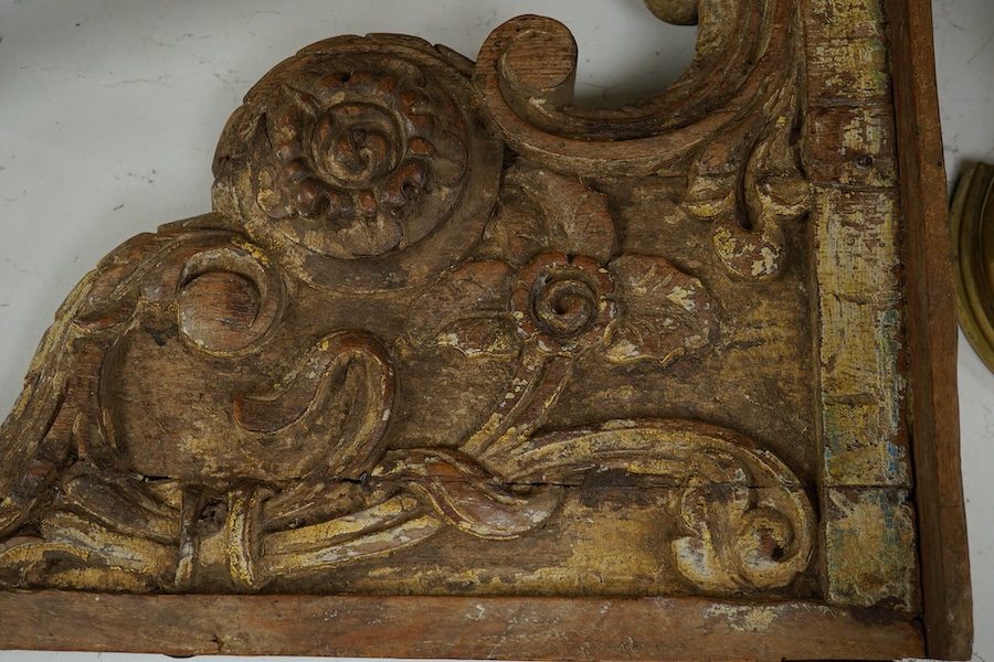 A large 19th century Indo-colonial carved hardwood bracket, 36.5cm deep, 54cm high. Condition - gilding worn